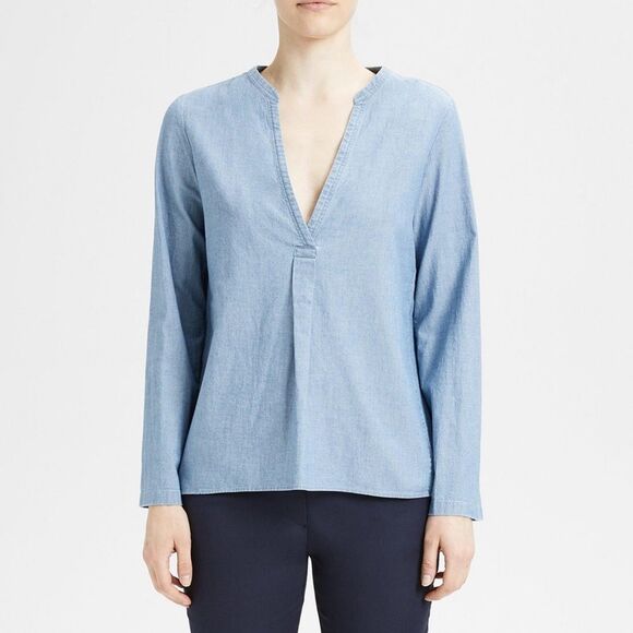 Theory Ofeliah Light Blue Cotton Chambray Split Back Blouse Top Women’s Medium - Picture 1 of 5
